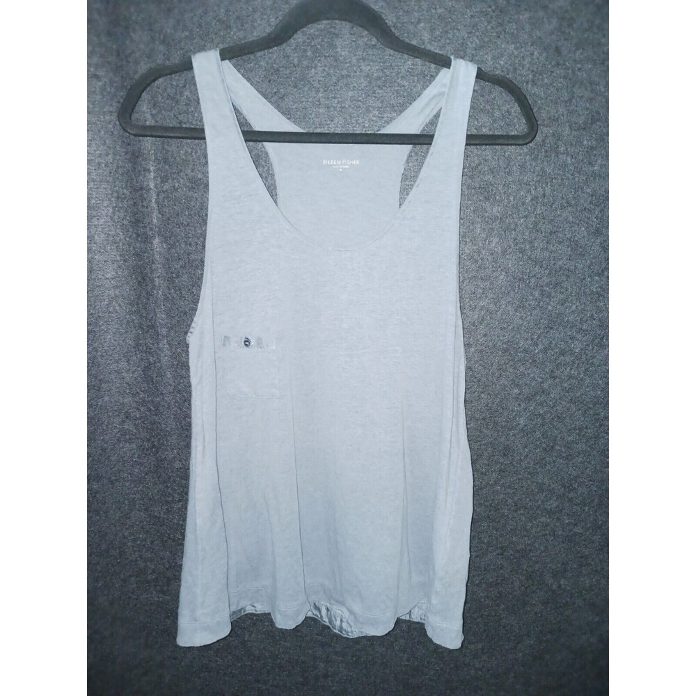 Eileen Fisher Women Tank Top Blue Medium Linen Sleeveless Scoop Neck Pocket Tee*